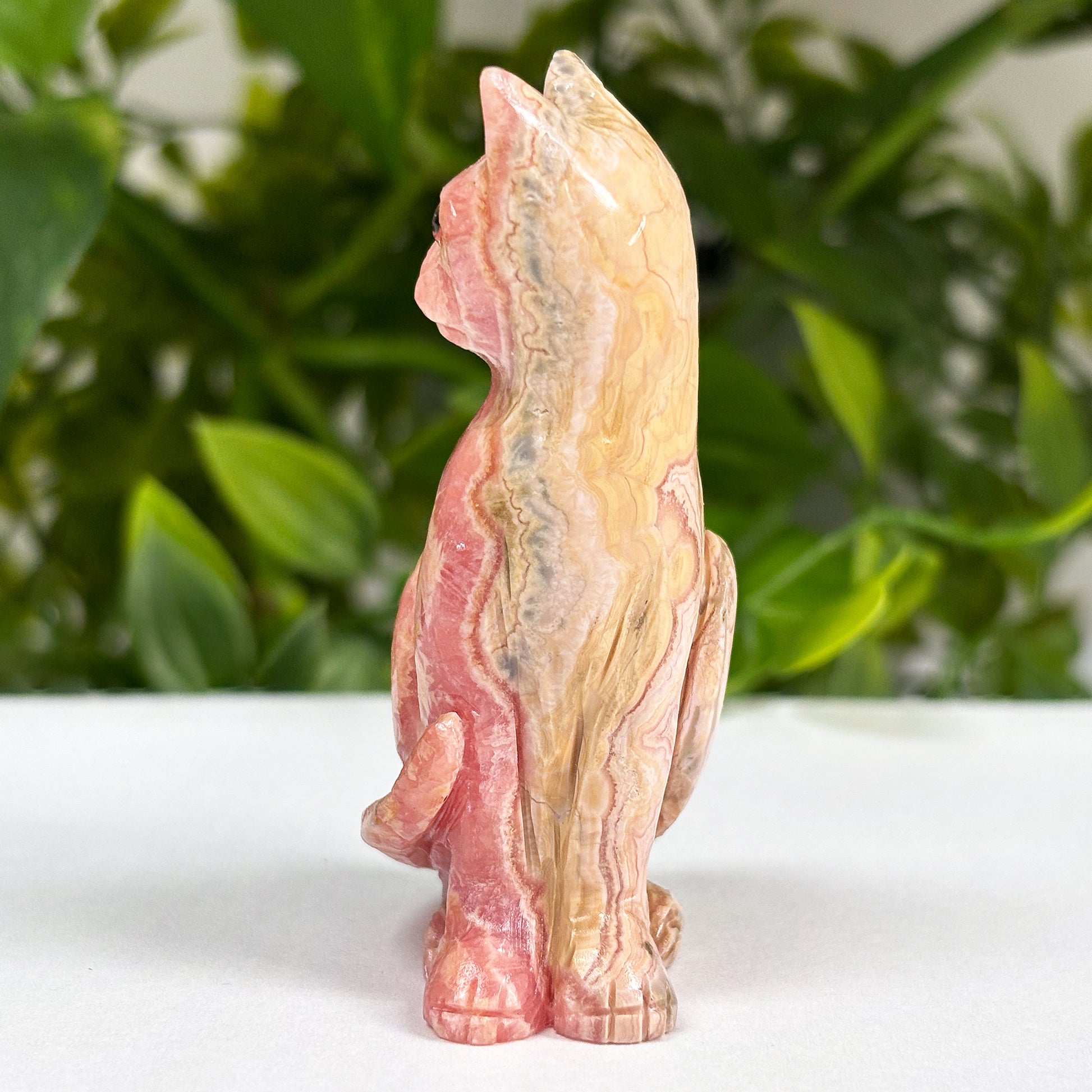 Hand-Carved Rhodochrosite Cat Gemstone Animal Carving - Gem Avenue