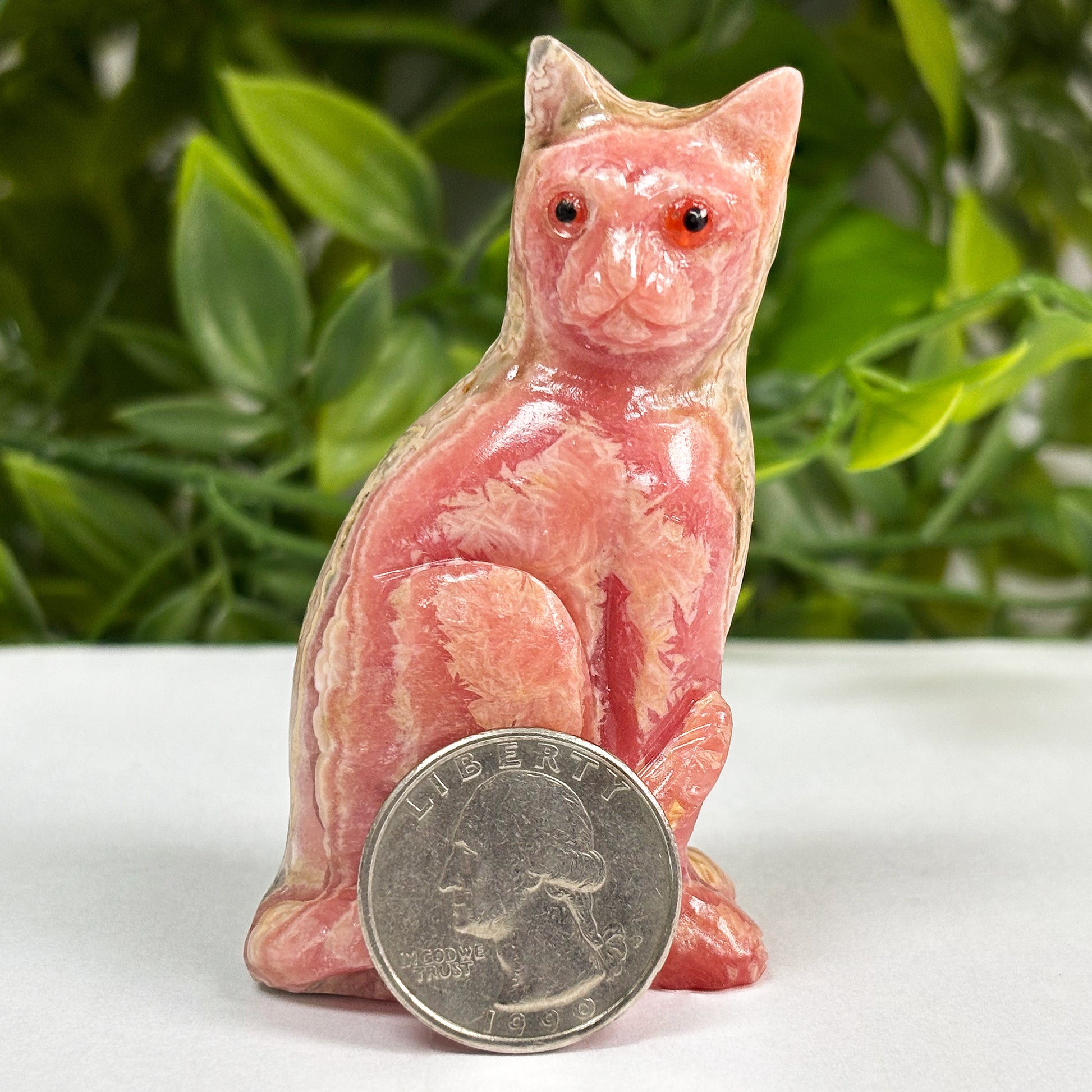 Hand-Carved Rhodochrosite Cat Gemstone Animal Carving - Gem Avenue