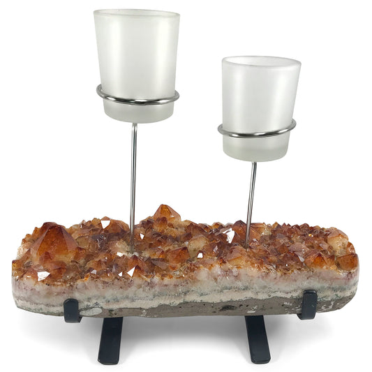 Natural Citrine Crystal Druze 2 Tea Light Candle Holder - Gem Avenue