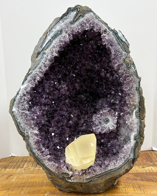 Purple Amethyst and Calcite Gemstone Crystal Geode - Gem Avenue