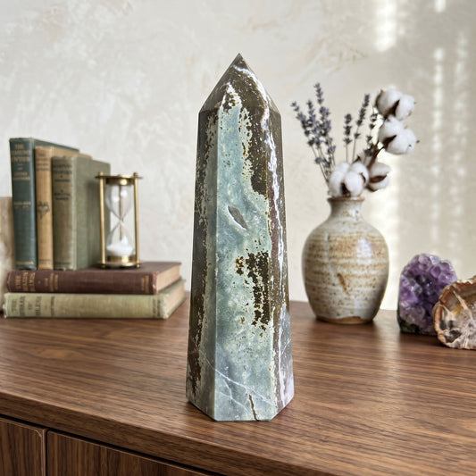 Natural Sea Jasper Crystal Obelisk Tower Point – Polished Gemstone for Emotional Healing, Stress Relief – Unique Ocean Jasper for Collectors & Home Décor - RPO408