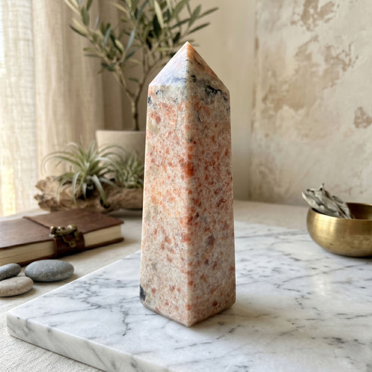 Natural Sunstone Crystal Obelisk Tower Point – Polished Healing Gemstone for Joy, Confidence, and Energy Cleansing – Vibrant Crystal for Collectors & Home Décor - RPO436