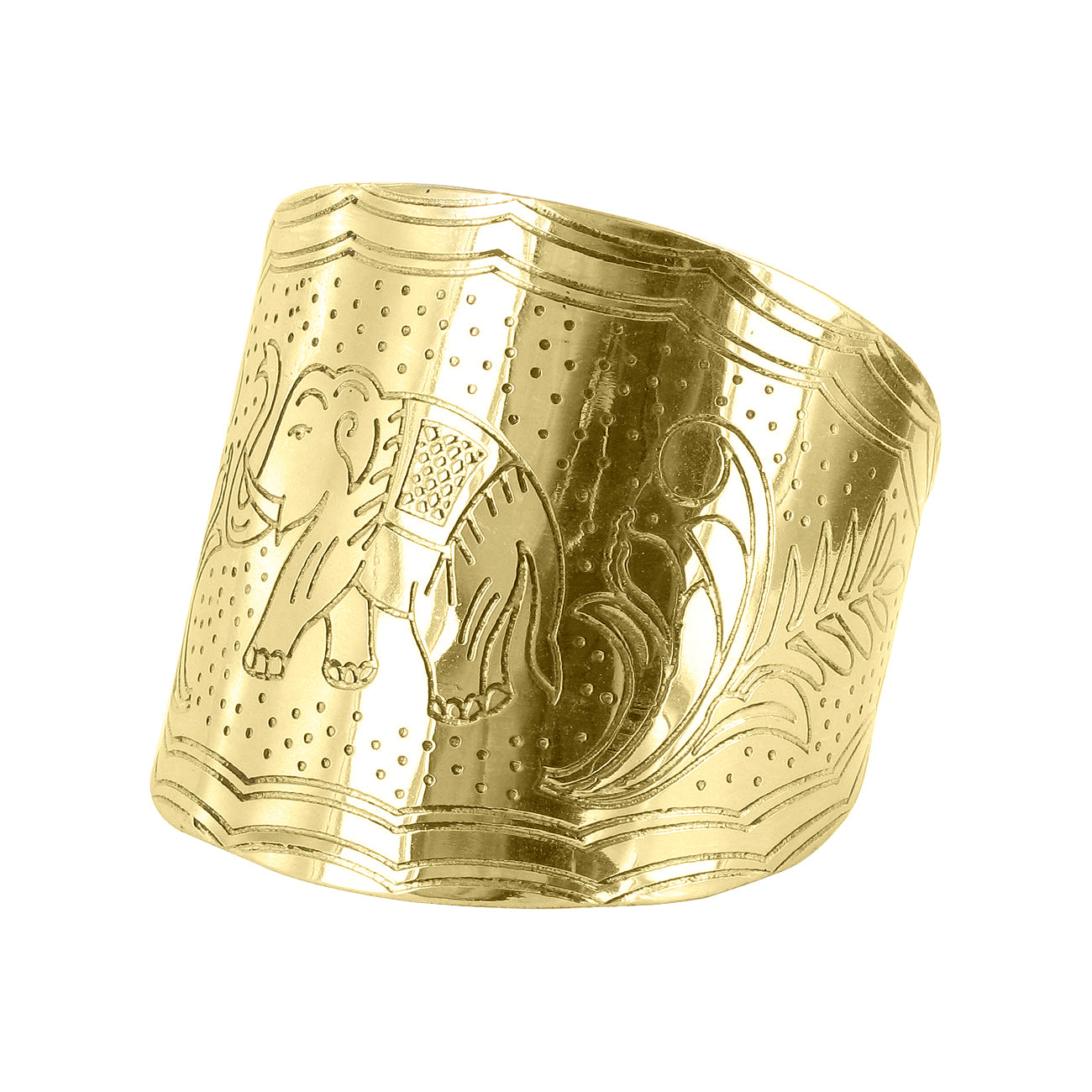 Engraved Elephant & Leaves Storytelling 2.6 inch Wide Cuff Bracelet