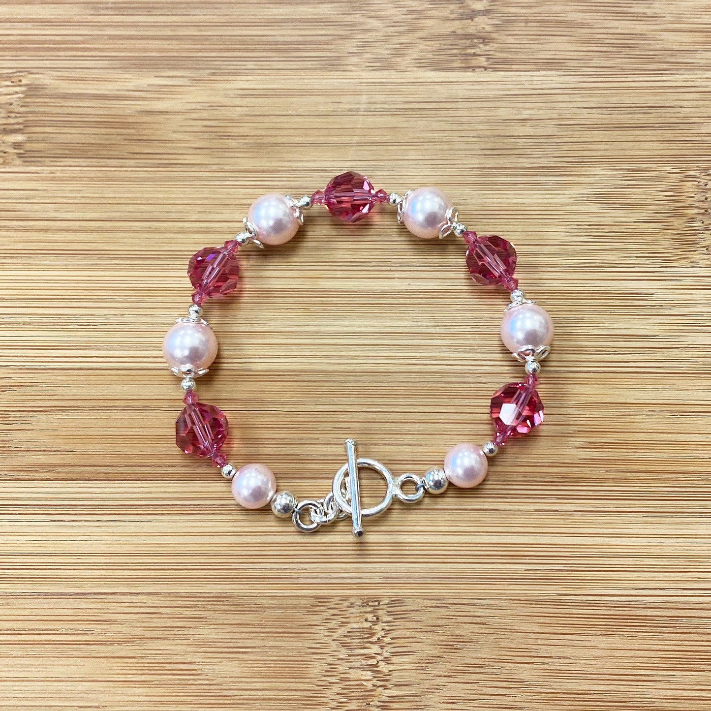 .925 Silver 8 inch Bracelet with 10mm Faux Pearl and Austrian Crystals
