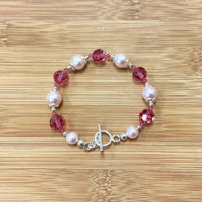 .925 Silver 8 inch Bracelet with 10mm Faux Pearl and Austrian Crystals