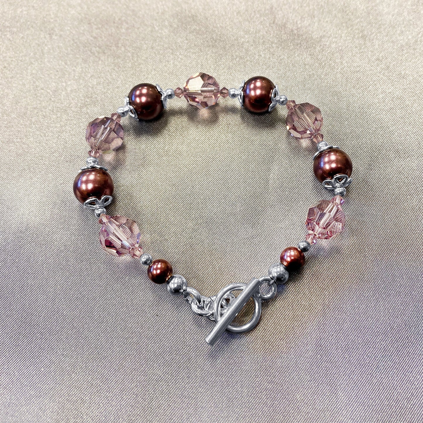 .925 Silver 8 inch Bracelet with 10mm Faux Pearl and Austrian Crystals