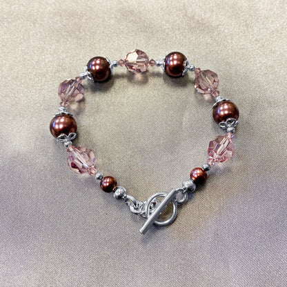 .925 Silver 8 inch Bracelet with 10mm Faux Pearl and Austrian Crystals