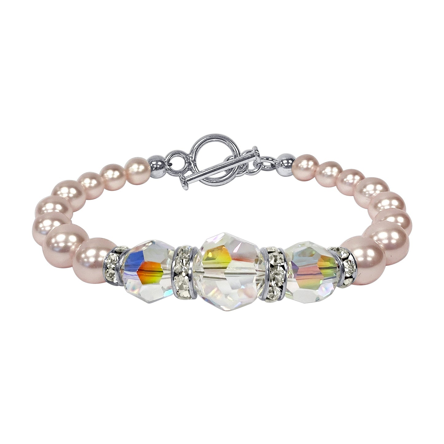 .925 Silver 7.5 inch Bracelet with Austrian Crystals and Faux Pearl