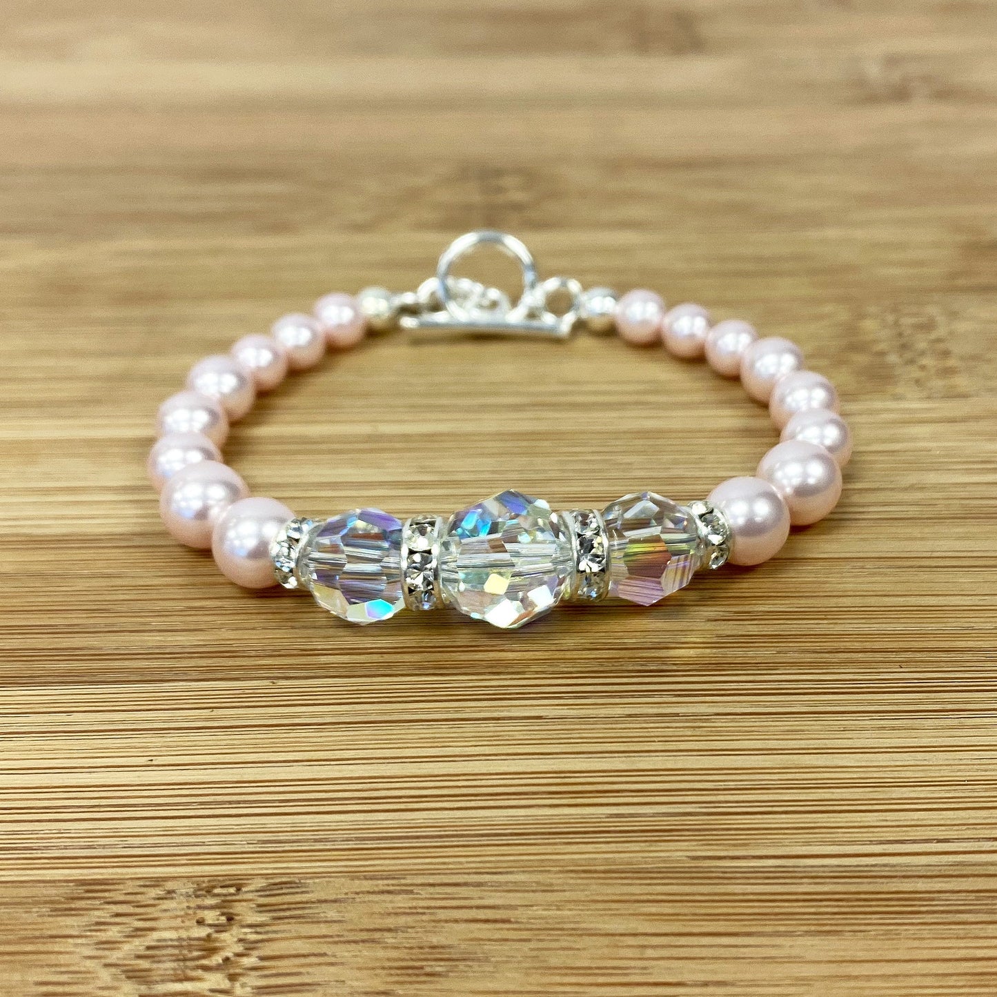 .925 Silver 7.5 inch Bracelet with Austrian Crystals and Faux Pearl