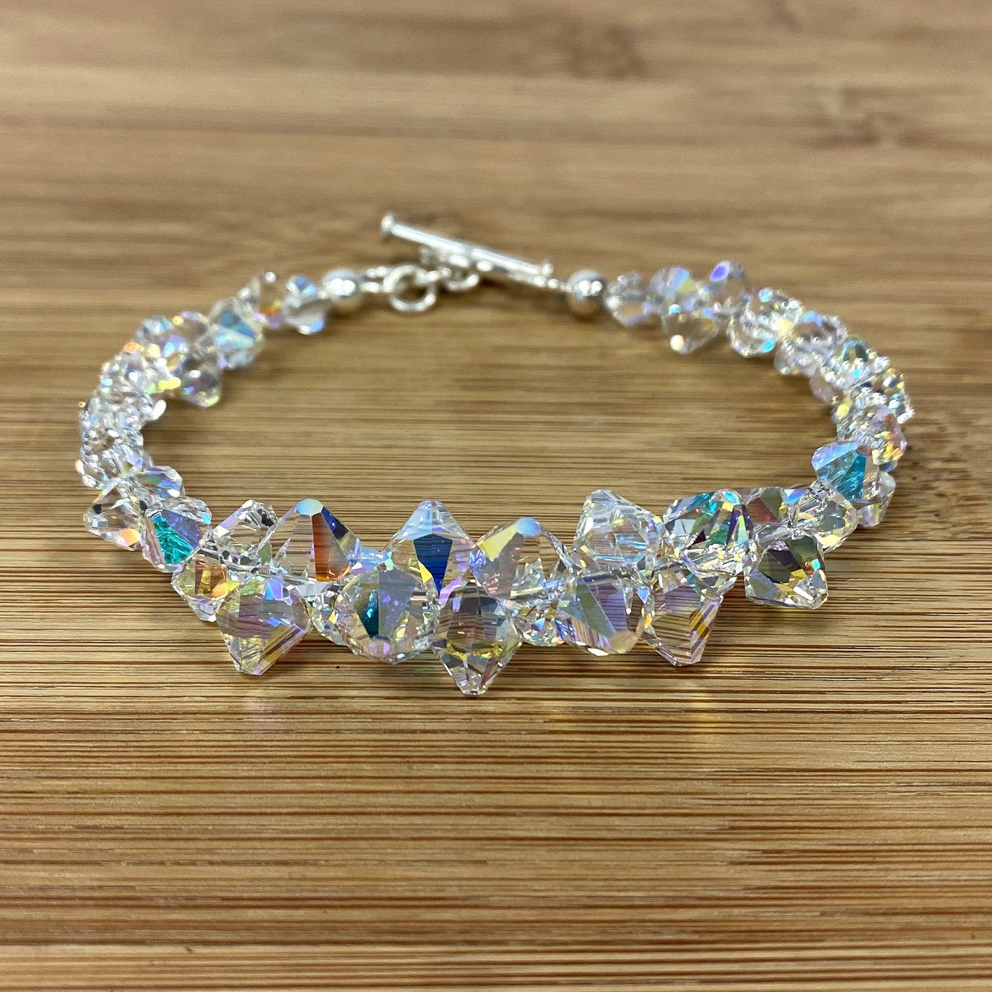 .925 Silver 7.5 Inch Bracelet with Cluster Style Bicone Austrian Crystals