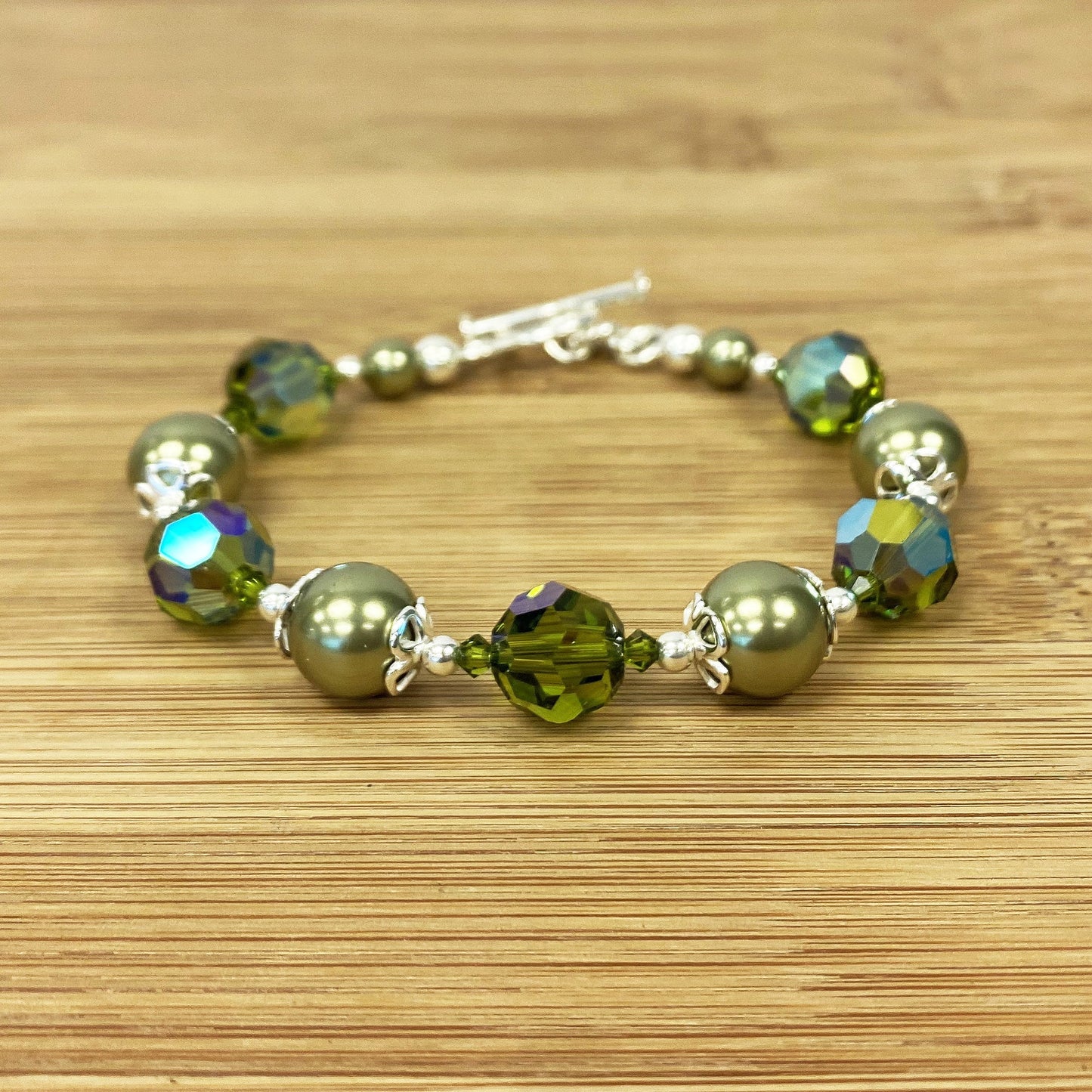 .925 Silver 8 inch Bracelet with 10mm Faux Pearl and Austrian Crystals