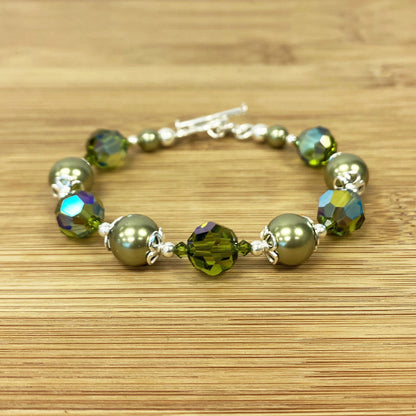 .925 Silver 8 inch Bracelet with 10mm Faux Pearl and Austrian Crystals