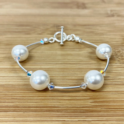 Sterling Silver Bracelet with Simulated Pearl and Austrian Crystals
