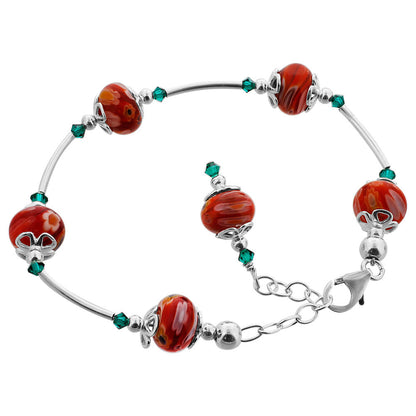Red Millefiori Glass Green Austrian Crystals 925 Sterling Silver Bracelet - Gem Avenue