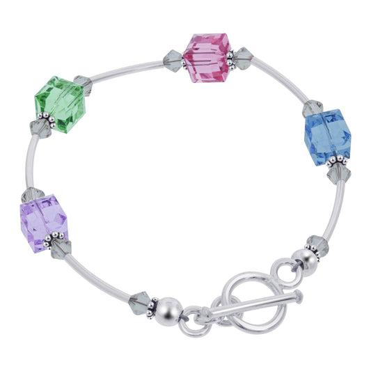 Sterling Silver 7.5 inch Bracelet with Cube Shape Austrian Crystals