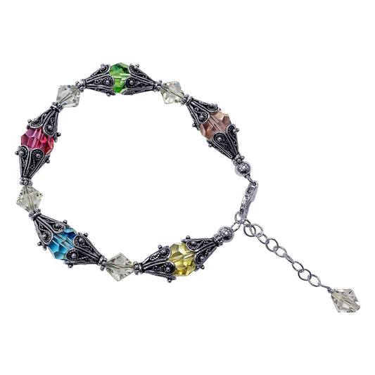 Sterling Silver Bracelet with Bali Bead Caps and Austrian Crystals