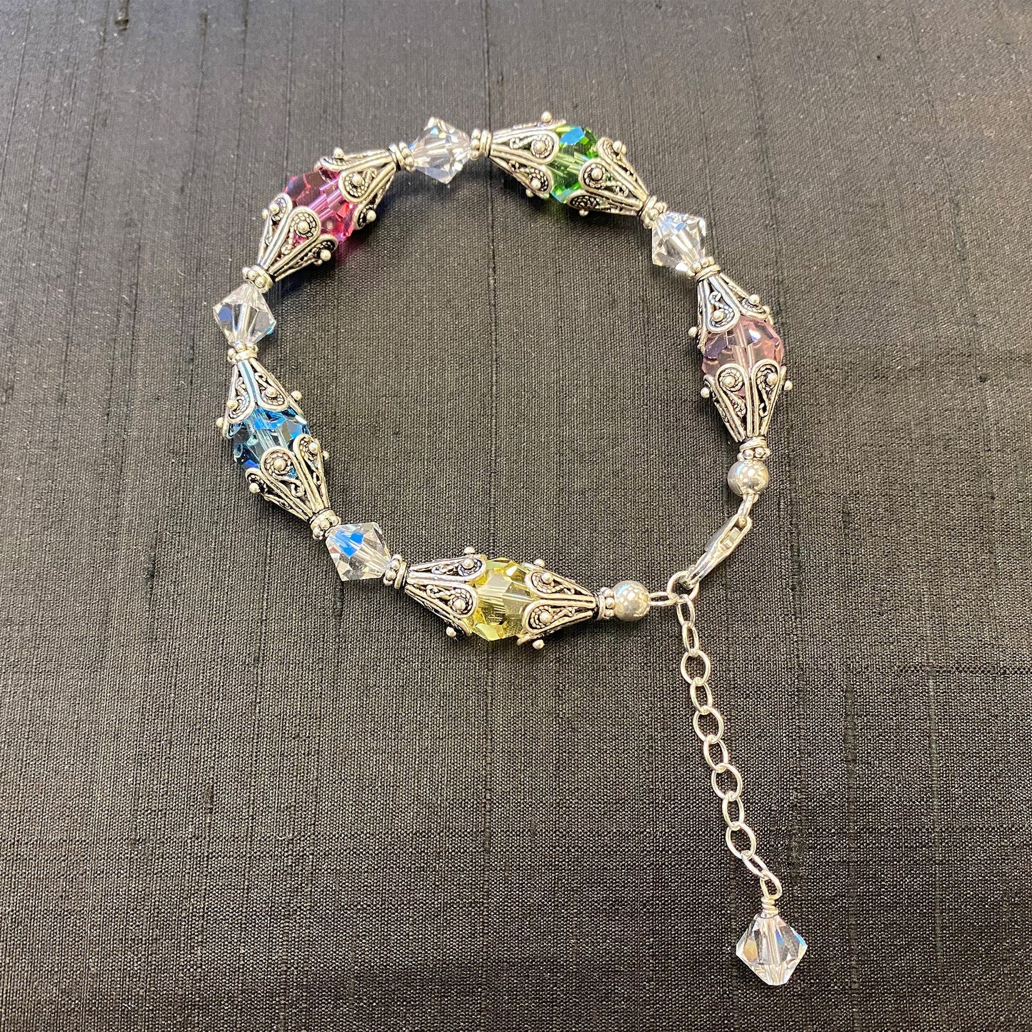 Sterling Silver Bracelet with Bali Bead Caps and Austrian Crystals