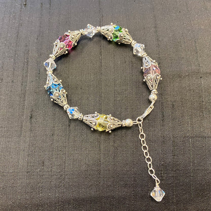 Sterling Silver Bracelet with Bali Bead Caps and Austrian Crystals