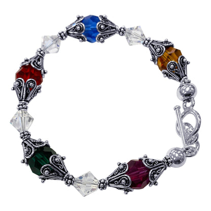 Sterling Silver Bracelet with Bali Bead Caps and Austrian Crystals
