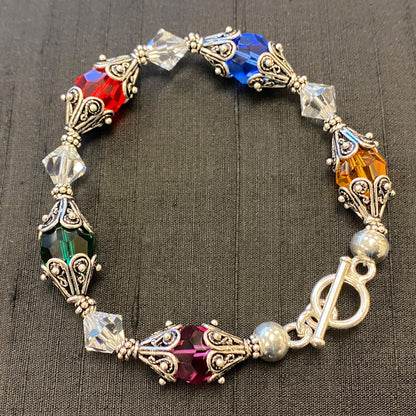 Sterling Silver Bracelet with Bali Bead Caps and Austrian Crystals