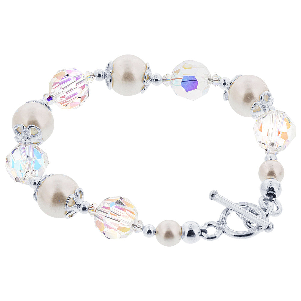 .925 Silver 8 inch Bracelet with 10mm Faux Pearl and Austrian Crystals