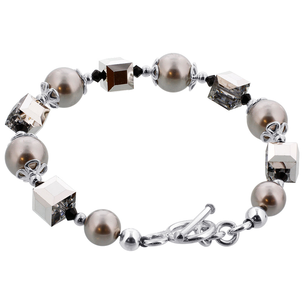 Round Faux Pearl & Cube Austrian Crystals 925 Sterling Silver Bracelet - Gem Avenue