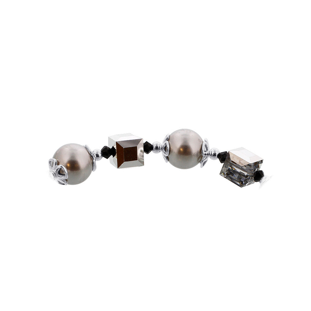 Round Faux Pearl & Cube Austrian Crystals 925 Sterling Silver Bracelet - Gem Avenue