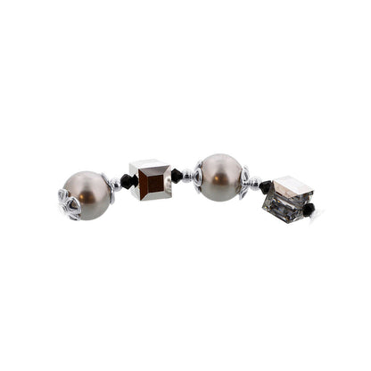 Round Faux Pearl & Cube Austrian Crystals 925 Sterling Silver Bracelet - Gem Avenue