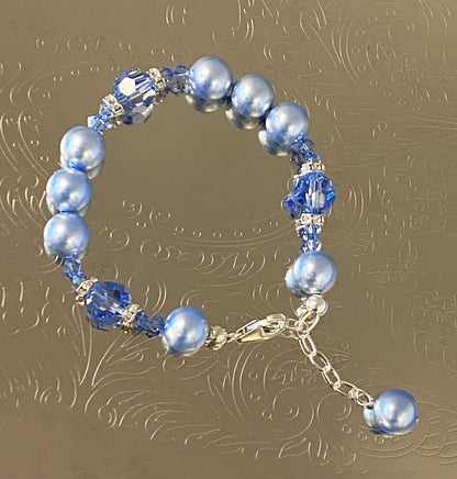 .925 Silver 7 to 9 inch Bracelet with Faux Pearl and Austrian Crystals