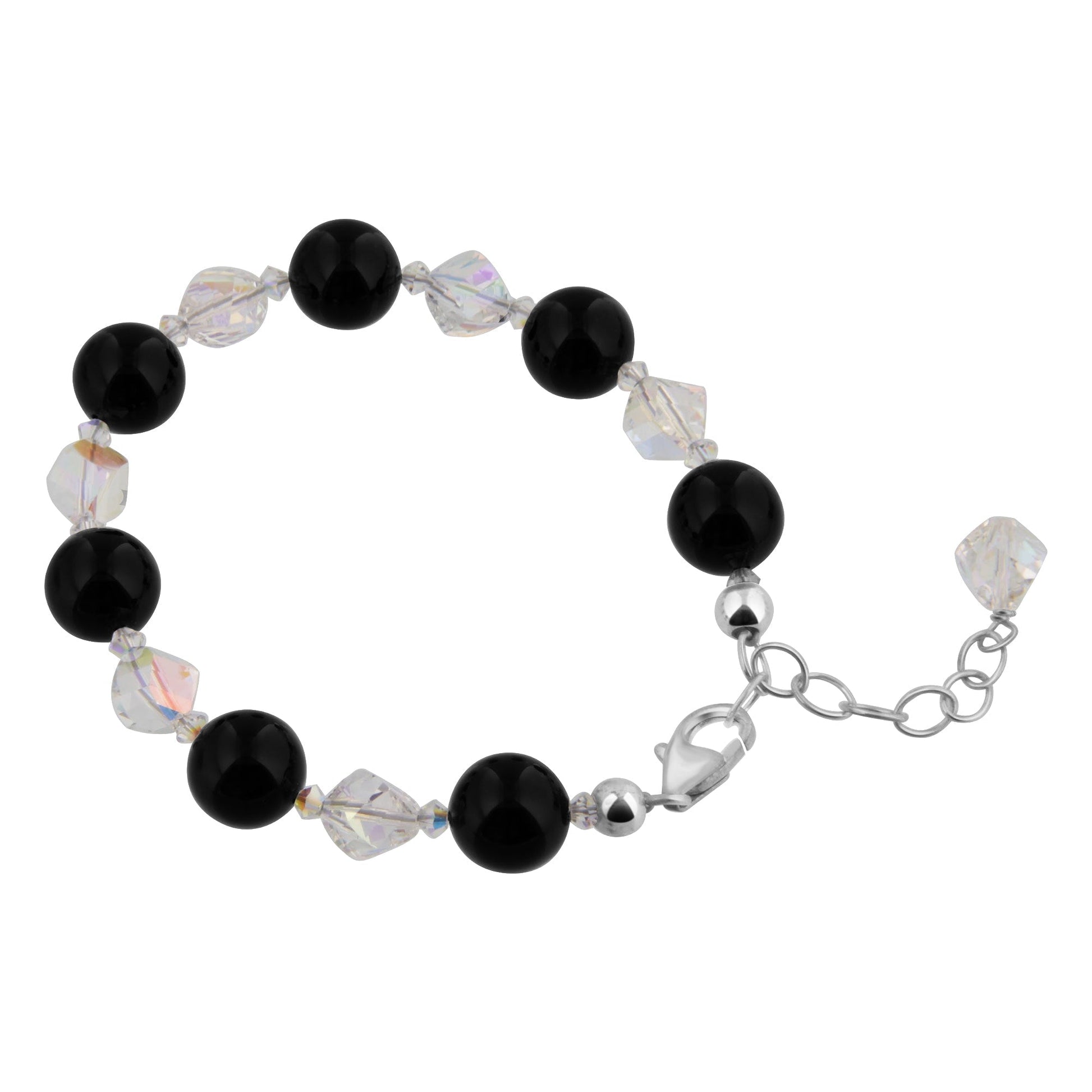 Onyx with Austrian Crystals 6 to 8 inch Sterling Silver Bracelet - Gem Avenue