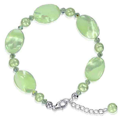 Green Austrian Crystals with Faux Pearl Sterling Silver Bracelet - Gem Avenue