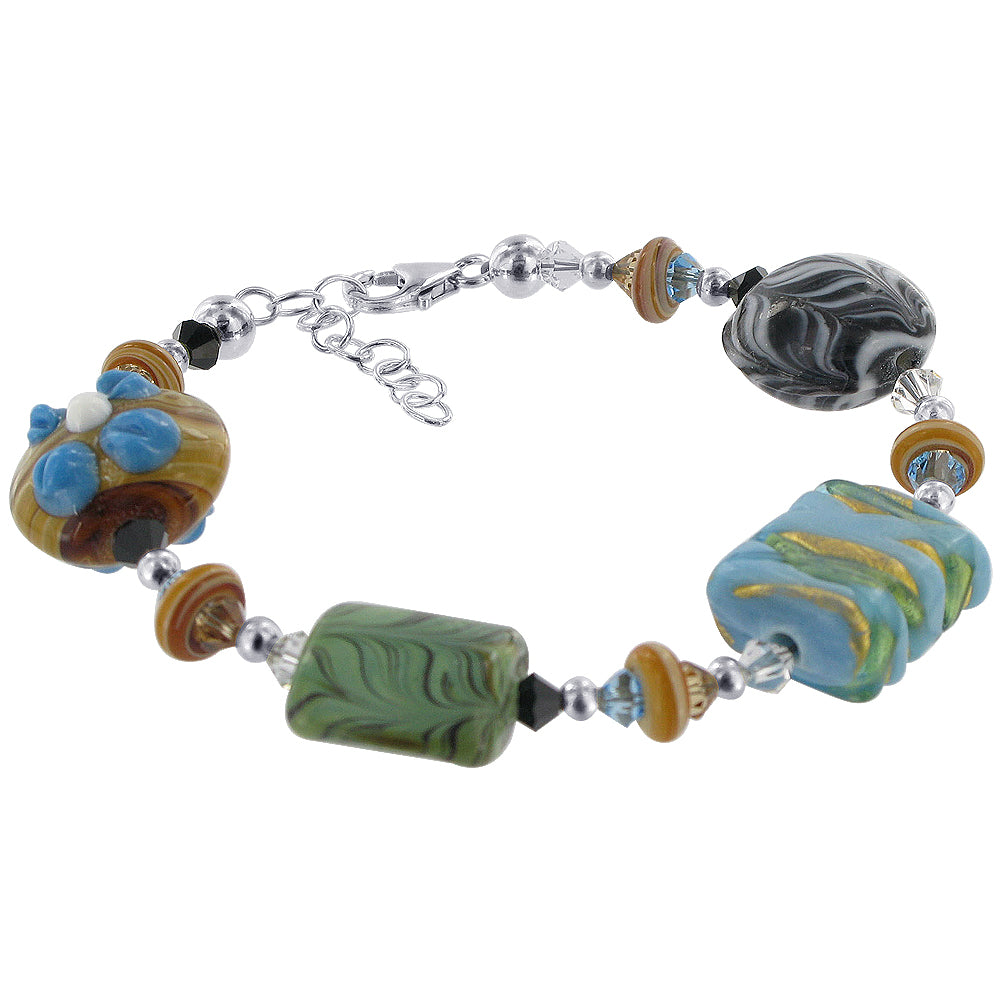 Blown Glass with Multicolor Austrian Crystals 925 Silver 8 to 9" Bracelet - SCBR157
