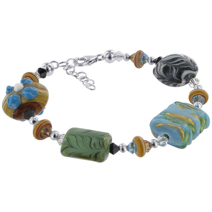 Blown Glass with Multicolor Austrian Crystals 925 Silver 8 to 9" Bracelet - SCBR157