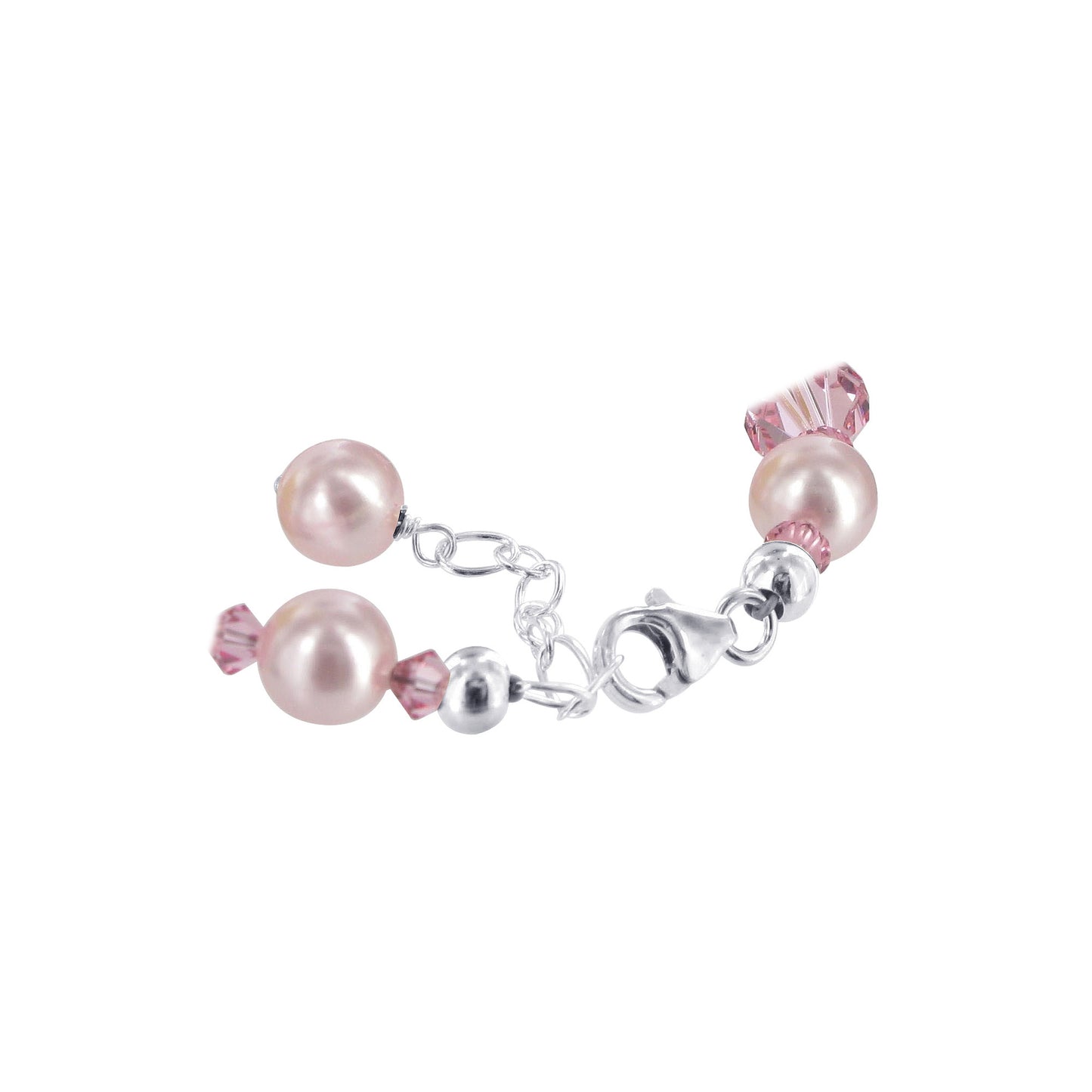 8mm Pink Faux Pearl with Austrian Crystals 925 Sterling Silver 7 Inch Bracelet