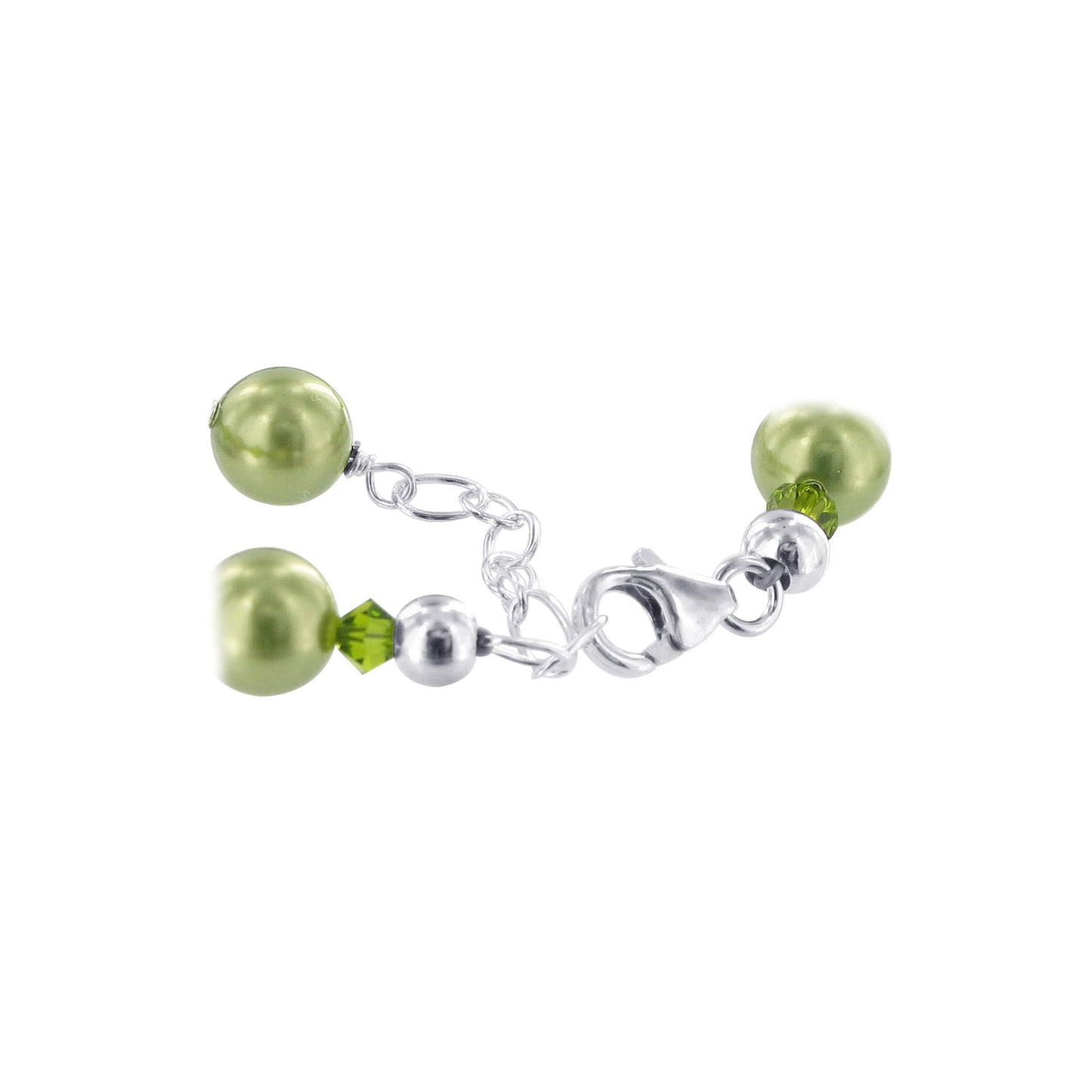 8mm Green Faux Pearl with Austrian Crystals 925 Sterling Silver 7 Inch Bracelet