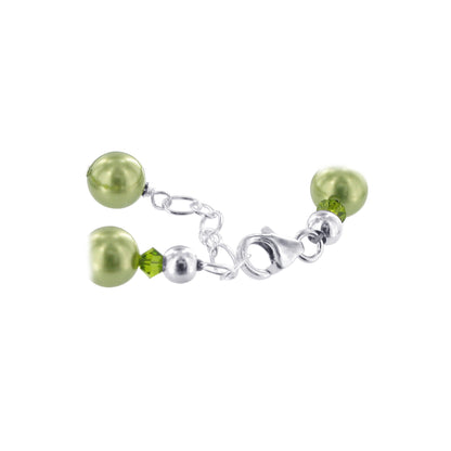 8mm Green Faux Pearl with Austrian Crystals 925 Sterling Silver 7 Inch Bracelet