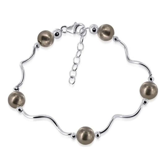 8mm Bronze Austrian Faux Pearl 7 inch Sterling Silver Wavy Bracelet - Gem Avenue