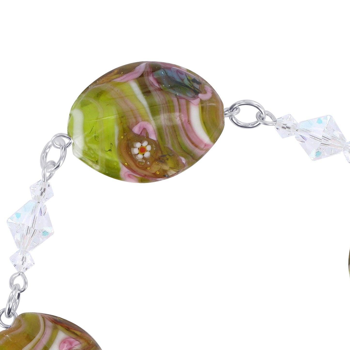 Blown Glass with Multicolor Austrian Crystals 925 Silver 8 to 9" Bracelet - SCBR199