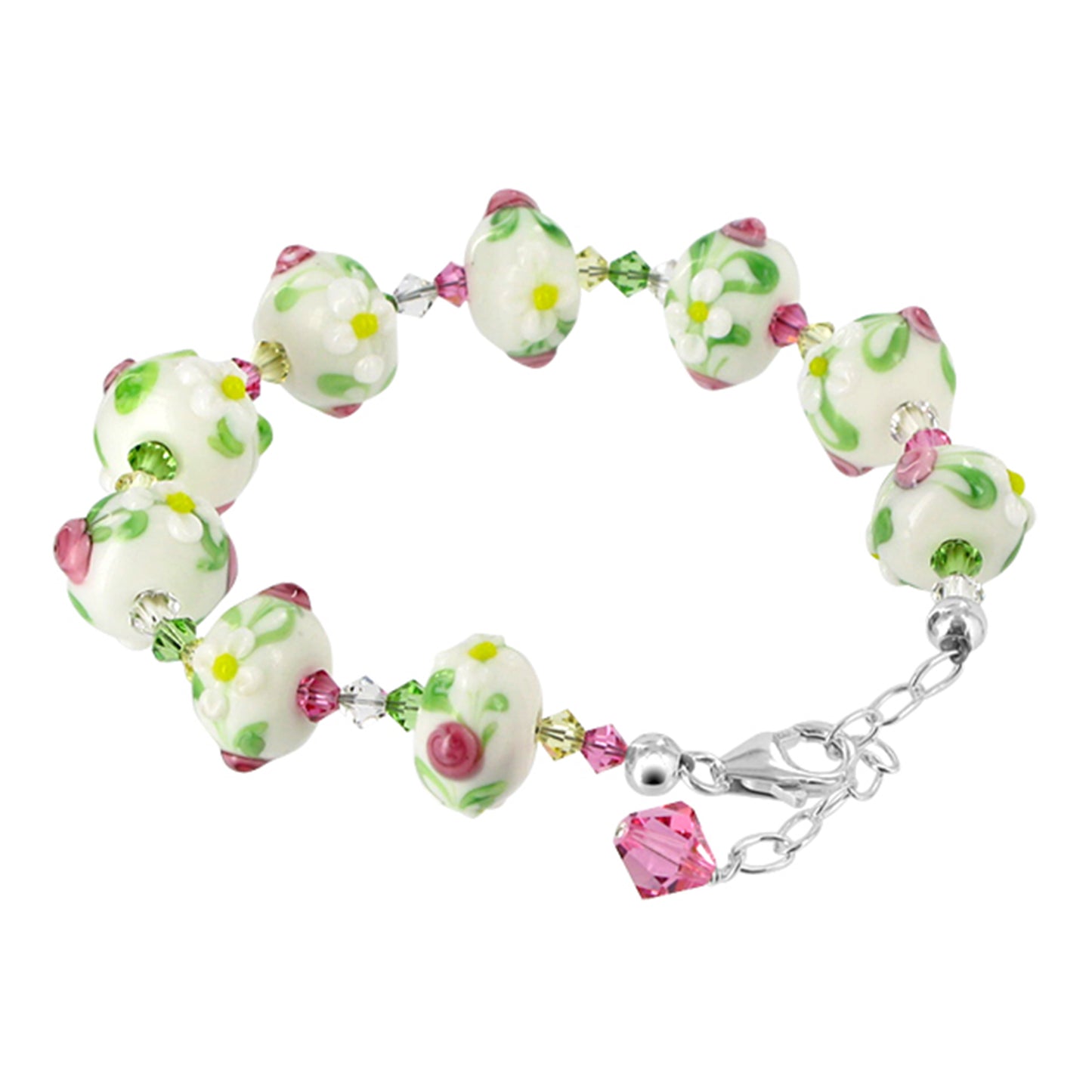 Blown Glass with Multicolor Austrian Crystals 925 Silver 8 to 9" Bracelet - SCBR226
