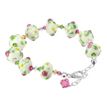 Blown Glass with Multicolor Austrian Crystals 925 Silver 8 to 9" Bracelet - SCBR226