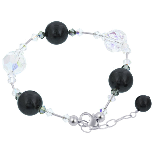 Round Black Faux Pearl with Austrian Crystals 925 Sterling Silver Black Adjustable Bracelet for Women- Gem Avenue