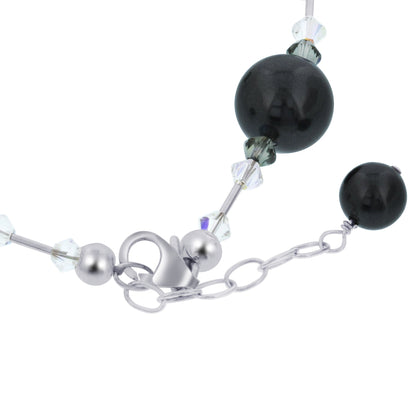 Round Black Faux Pearl with Austrian Crystals 925 Sterling Silver Black Adjustable Bracelet for Women- Gem Avenue