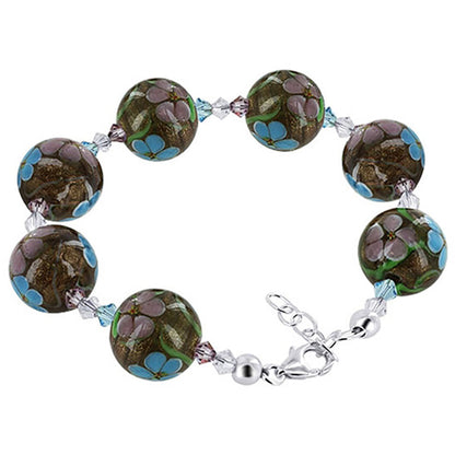 925 Sterling Silver Millefiori Glass with Austrian Crystals Bracelet 7.5 to 8.5 inch - Gem Avenue