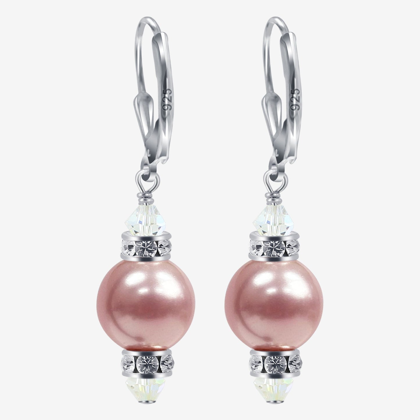 .925 Sterling Silver Drop Earrings with Faux Pearls Austrian Crystals
