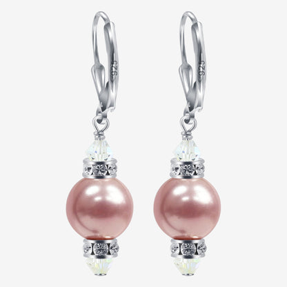 .925 Sterling Silver Drop Earrings with Faux Pearls Austrian Crystals