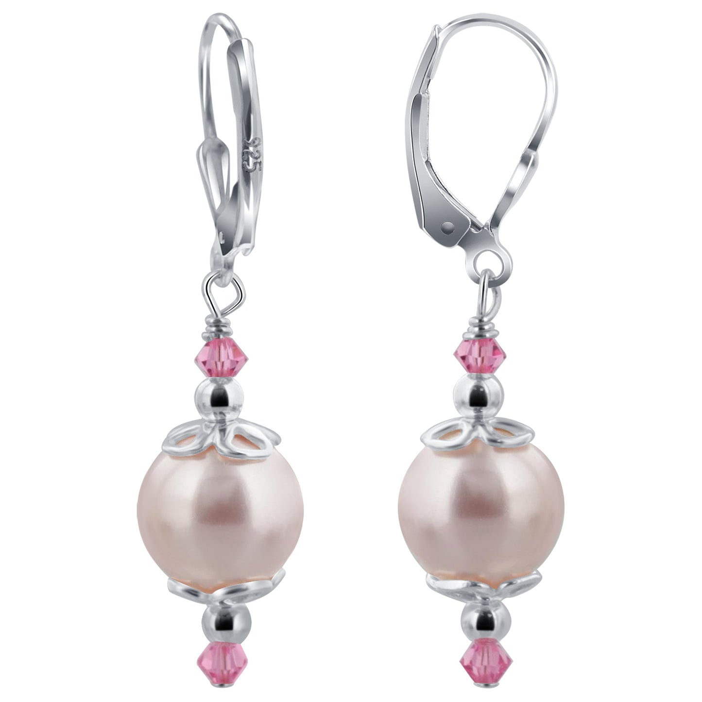 .925 Sterling Silver Drop Earrings with Faux Pearl and Bicone Austrian Crystals
