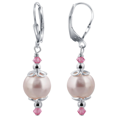 .925 Sterling Silver Drop Earrings with Faux Pearl and Bicone Austrian Crystals
