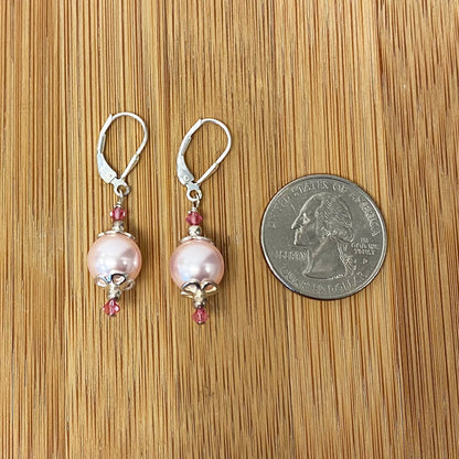 .925 Sterling Silver Drop Earrings with Faux Pearl and Bicone Austrian Crystals