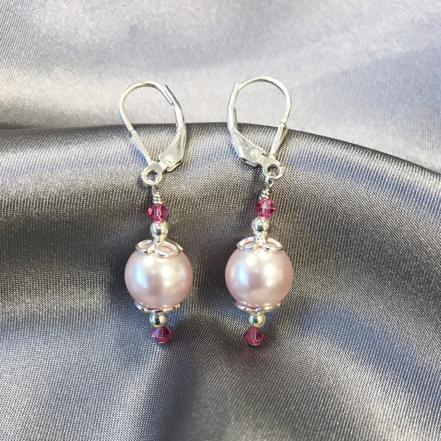 .925 Sterling Silver Drop Earrings with Faux Pearl and Bicone Austrian Crystals