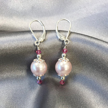 .925 Sterling Silver Drop Earrings with Faux Pearl and Bicone Austrian Crystals